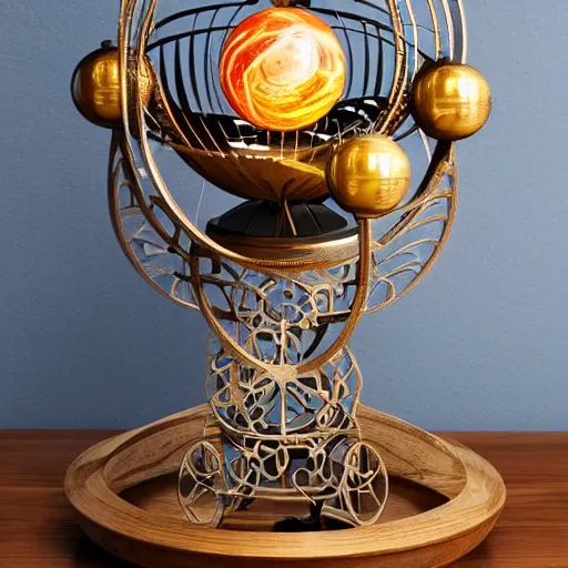 Image similar to a well - lit photo of an intricate steel filigree art nouveau orrery solar system model with visible gears on a wooden table, beautiful, detailed, flowing curves, with colored marble planets and a golden sun