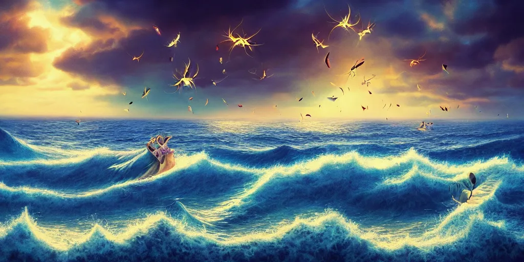 Image similar to If our moths where filled of praise like the sea, and our tongues joy like it’s manny waves we could never reach Your praise, surrealism, musical notes, beautiful sea landscapes, Very colorful painting 8k trending on art station, Intricate details, very realistic, cinematic lighting, volumetric lighting,