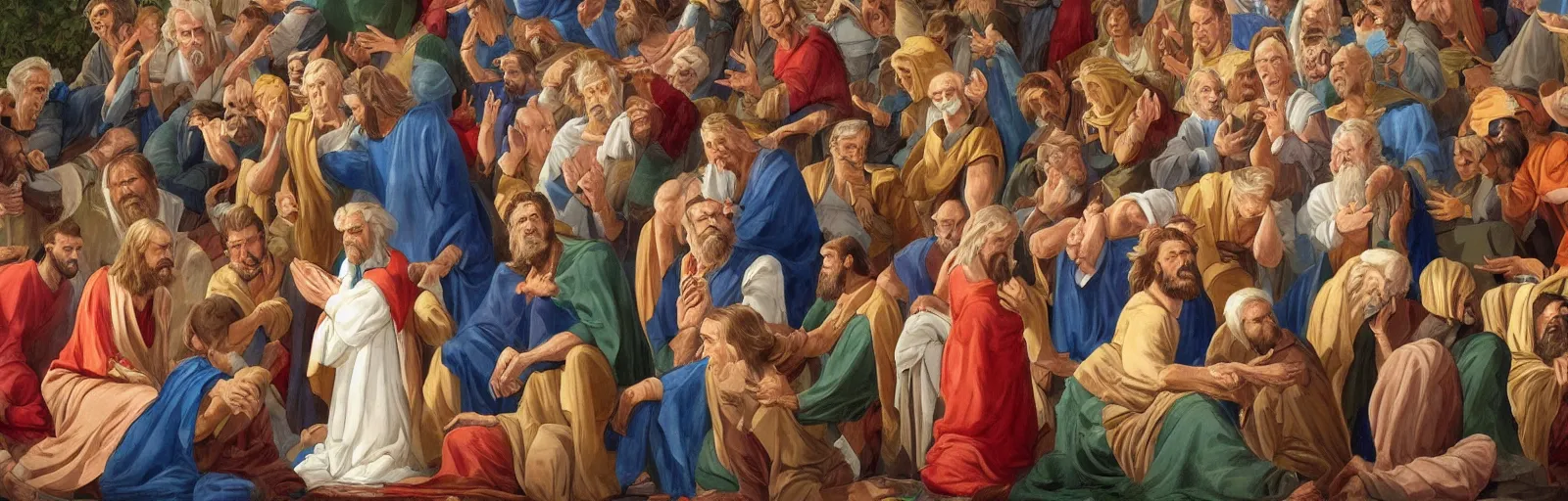 Image similar to Donald trump corrects Jesus in various situations in this highly detailed Mormon frieze