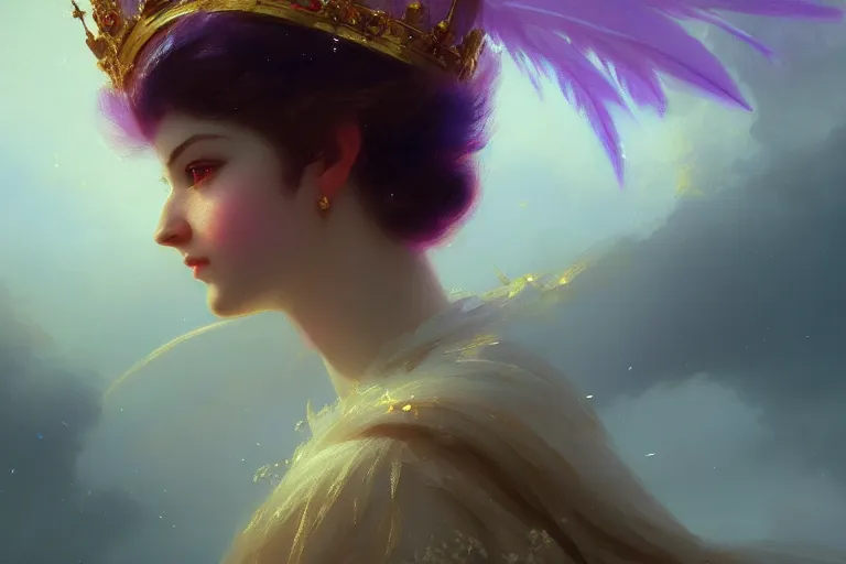 Prompt: Portrait of magical girl, close up, wearing crown of bright feathers, painting by Ivan Aivazovsky and Greg Rutkowski, artstation, fantasy, intricate, beautiful, cinematic, octane render, arnold render, 8k, hyper realism, detailed, sharp focus, 4k uhd, masterpiece, award winning
