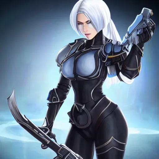 Prompt: full body shot of 2B with a blindfold and armor, white hair, as a Starcraft 2 commander, highly-detailed