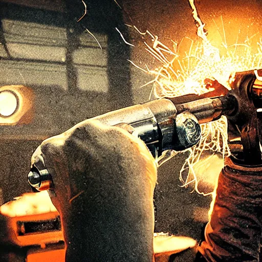 Image similar to half rusted old egg beater half stun - gun, balding older cyborg repairing, red hot soldering iron, dark messy smoke - filled cluttered workshop, dark, dramatic lighting, orange tint, cinematic, highly detailed, sci - fi, futuristic, movie still from blade runner