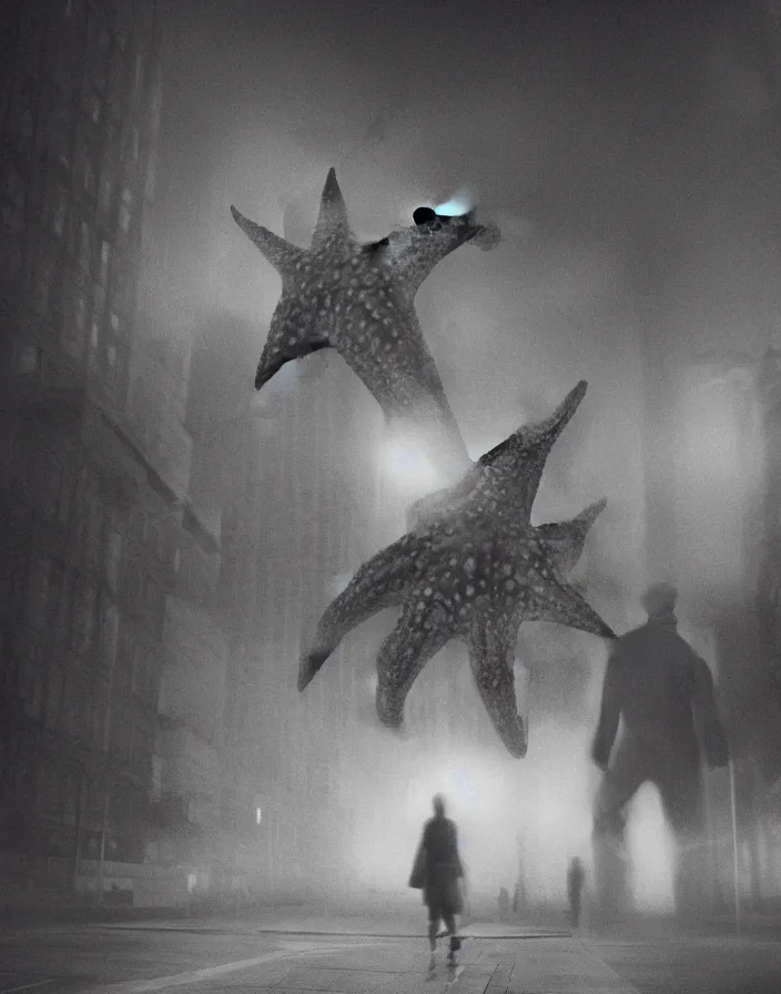 Image similar to very low - resolution found footage of a couple escaping in the city from a starfish kaiju monster, fog, foggy, korean film noir, monochrome, red hue, thriller, underdeveloped, epic, dramatic