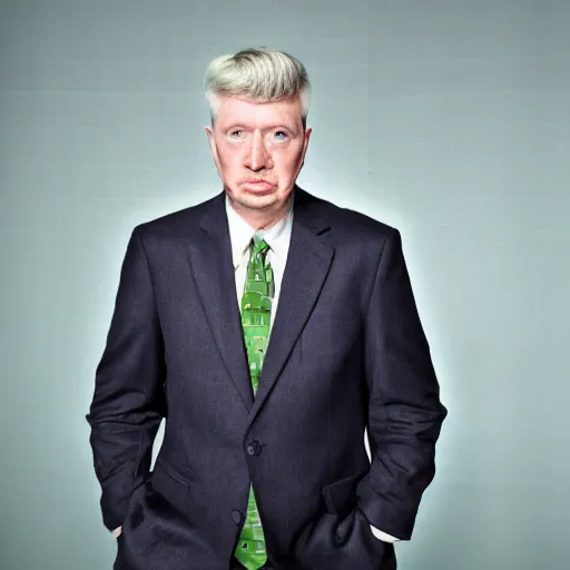 Image similar to augustus aloysius corporate portrait, senior sales marketing acquisitions ceo executive vp, purple green color scheme, professional studio lighting, hyperreal detailed lifelike facial features, corporate portraiture shot by cindy sherman and david lynch