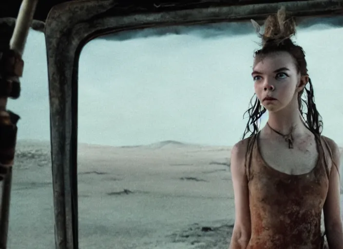 Prompt: anya taylor - joy in mad max fury road, cinestill, anamorphic