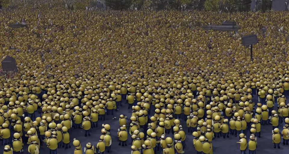 Image similar to 4K physically based octane render footage of a bunch of Minions, storming the Capitol, waving signs, carrying torches, photorealistic