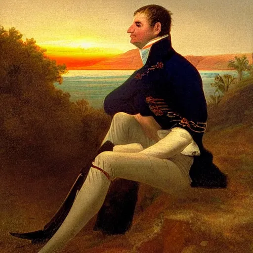 Prompt: 1800's painting of a tired Napoleon gazing at the sunset on St. Helena island