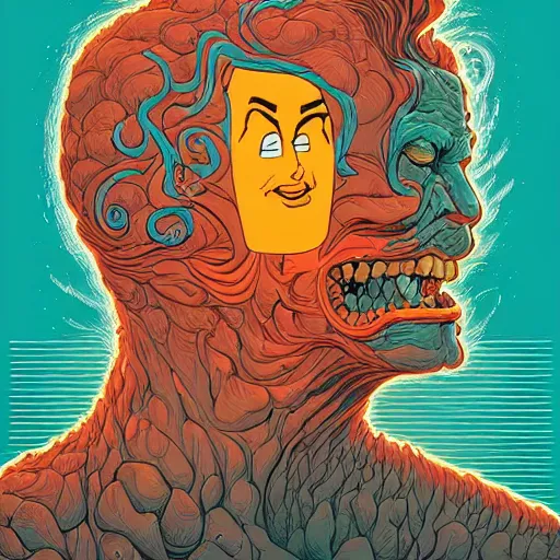 Prompt: portrait of head melting into another one, lava, laugh and surprise, by josan gonzales and Dan Mumford