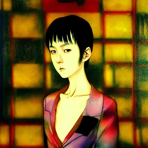 Image similar to yoshitaka amano blurred and dreamy realistic three quarter angle horror portrait of a sinister young woman with short hair and yellow eyes wearing office suit with tie, junji ito abstract patterns in the background, satoshi kon anime, noisy film grain effect, highly detailed, renaissance oil painting, weird portrait angle, blurred lost edges