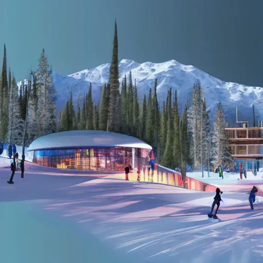 Image similar to iridescent ski resort, concept art, architecture plans