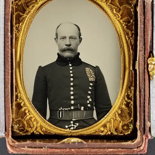 Image similar to daguerreotype of olaf scholz wearing a 1 9 th century prussian officer uniform, very detailed, very intricate,