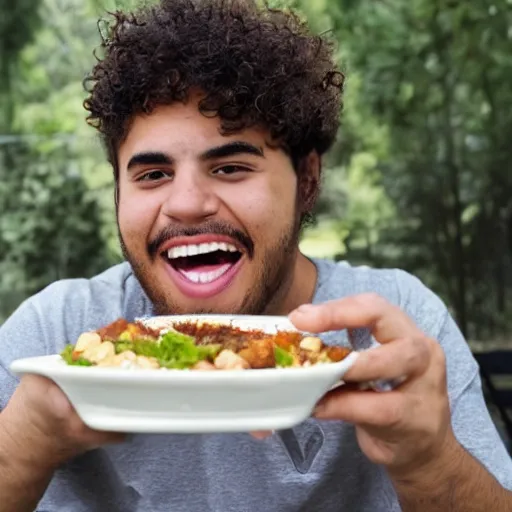 Prompt: curly haired mixed Hispanic 20 year old with a huge underbite looks in awe at a gigantic feast in front of him