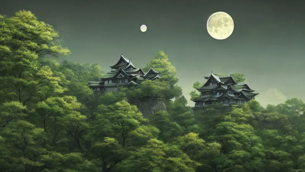 Image similar to beautiful green japanese castle in front of mountainous background with just a few trees, dark sky full moon, whimsical surrealism, 8 k, subsurface scattering, intricate geometry, fantastical setting, otherwordly, by greg rutkowski