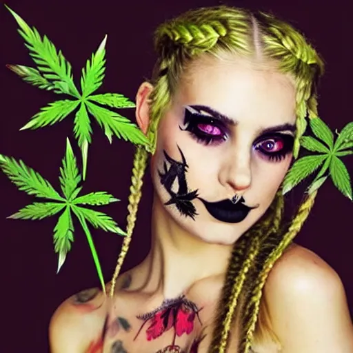 Prompt: very painterly, princess of pot, blonde hair, makeup, tattoos, young and beautiful, hair in braids, wearing a black dress with a pot leaf on it, smoking a joint