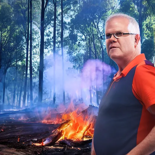 Image similar to Prime Minister Scott Morrison in front of a forest fire, wearing shorts and a Hawaiian hat, hose in the ground, smoke, , cinematic, hyper realism, high detail, vivid colors, octane render, unreal engine, 8k