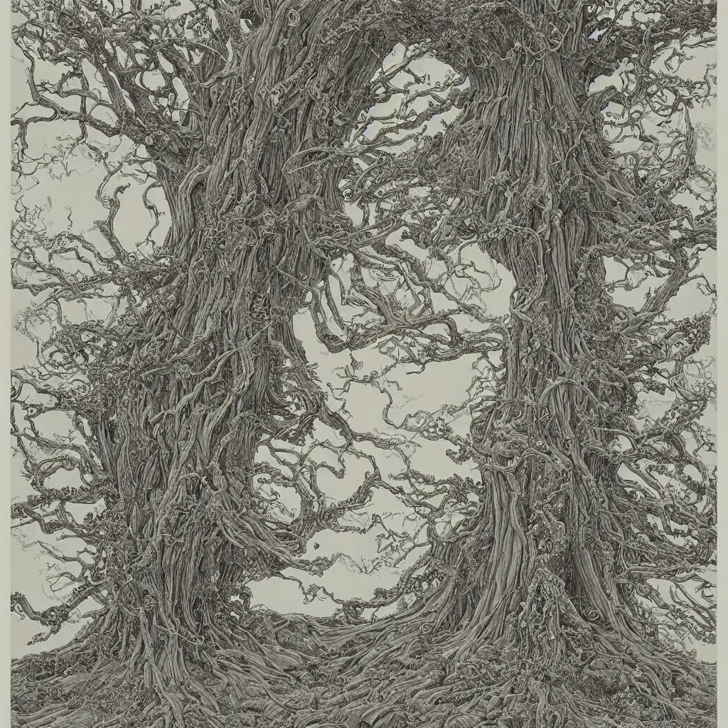 Image similar to tree of life, yggdrasil, by moebius, by laurie lipton