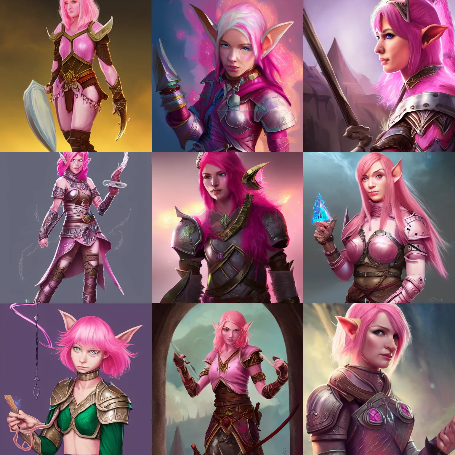 Prompt: short pink haired half elf woman doing healing magic wearing armor, dungeons and dragons, cleric, character art, character design, illustration, 4 k, 8 k, artstation, hyper detailed