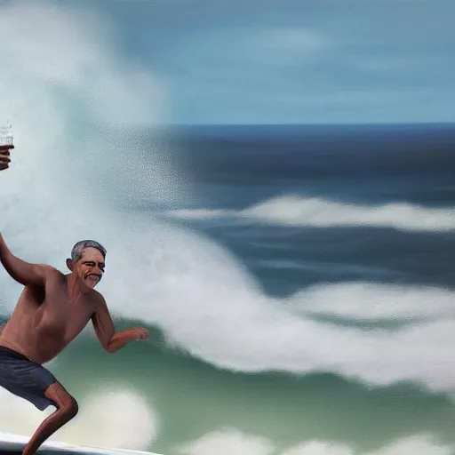 Prompt: barack obama surfing in rough surf holding a margarita, realistic, high detail, volumetric lighting