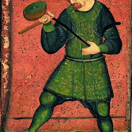 Prompt: a completely green man swinging a frying pan, medieval painting