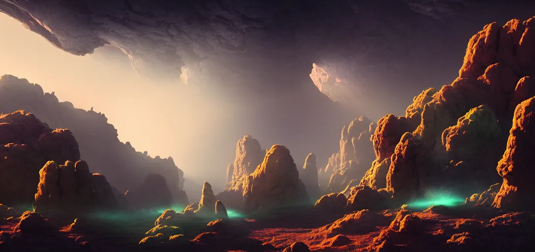 Prompt: dramatic view of an alien planet, giant rock formations, glowing fungus, fog, dramatic lighting, ultra detailed, sharp, ambient occlusion, bloom, raytracing, vibrant, vivid colors, 3 d artstation render, cgsociety, by dylan cole and jordan grimmer