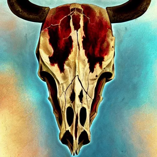 Prompt: illustration of a painted bull skull, realistic painting, classical painting, high definition, digital art, matte painting, very detailed, realistic