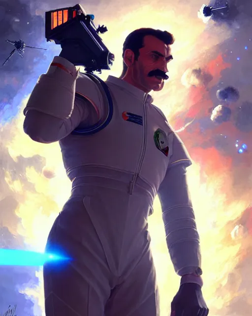 Image similar to gigachad luigi firing a laser cannon like ernest khalimov wearing a suit in the space lab, fantasy character portrait, ultra realistic, anime key visual, concept art, intricate details, highly detailed by greg rutkowski, ilya kuvshinov, gaston bussiere, craig mullins, simon bisley