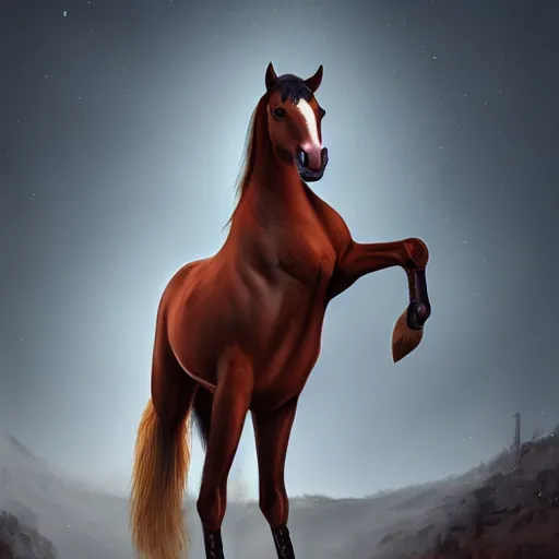 Prompt: photo of anthropomorphic horse wearing a coat, digital art, photo realistic, highly detailed, art by george stubbs, anton fadeev, james gurney, ilya kuvshinov