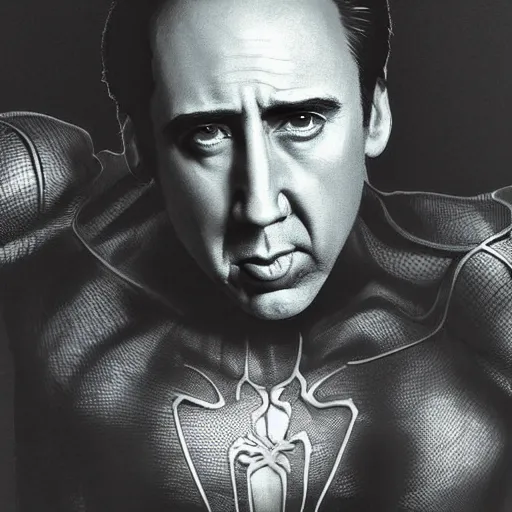 Image similar to nicholas cage as spiderman. hyperdetailed photorealism