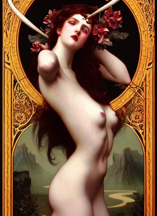 Image similar to majestic demonic succubus porcelain skin girl movie poster, art style by edmund leighton, tom bagshaw, alphonse mucha, exquisite digital art, iconic, masterpiece, organic painting, photorealistic, ornate and hyper detailed