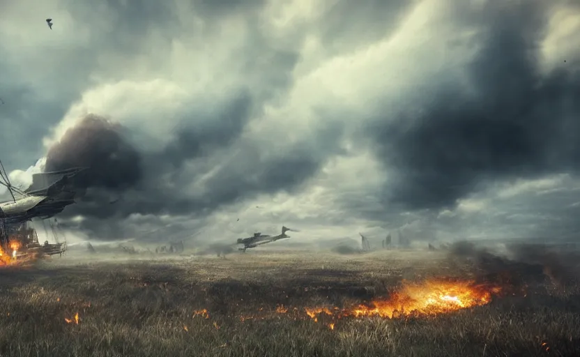 Prompt: an immense steampunk airship crashed and burning in a field, thick black smoke billowing, turbulent storm clouds, dystopian, fog, sharp focus, octane render, imax