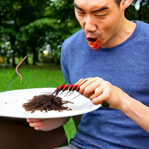 Image similar to a man eating earthworms with chopsticks