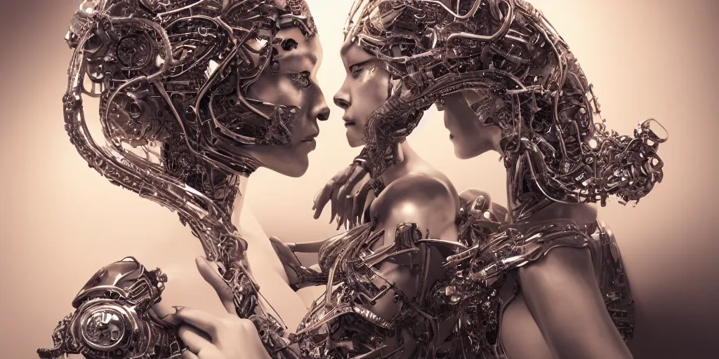 Image similar to hyperrealistic photography of a stunningly cyborg female, intimate, holding hands, kissing, chrome. in the style of beth cavener, jin kagetsu,, and wlop, highly detailed, intricate filigree, chrome face symmetry, masterpiece, award - winning, sharp focus, concept art, high key, ambient lighting, 8 k, octane render, artstation