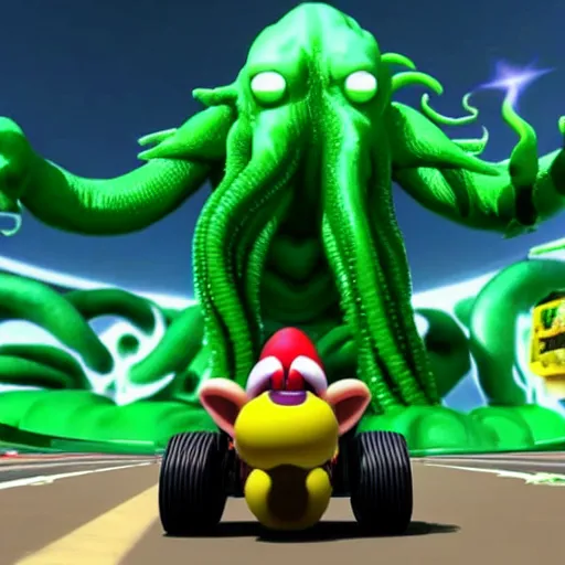 Prompt: still image of cthulhu in mario kart, unreal engine