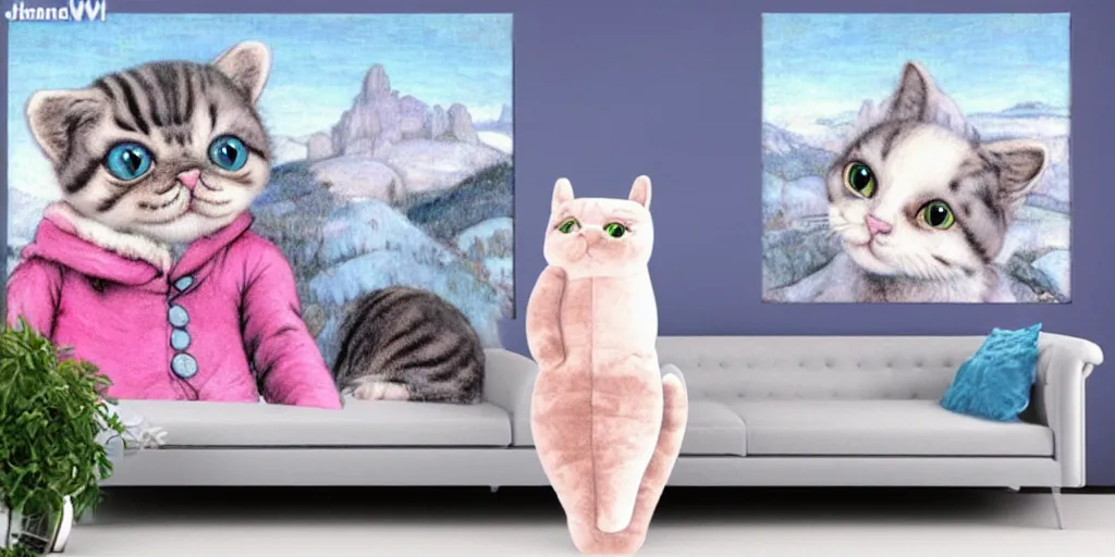 Image similar to 3 d precious moments plush cat with realistic fur and an blue / white / gray / green / pink / tan / mid pink / blue gray color scheme, snowy mountain landscape, master painter and art style of john william waterhouse and caspar david friedrich and philipp otto runge