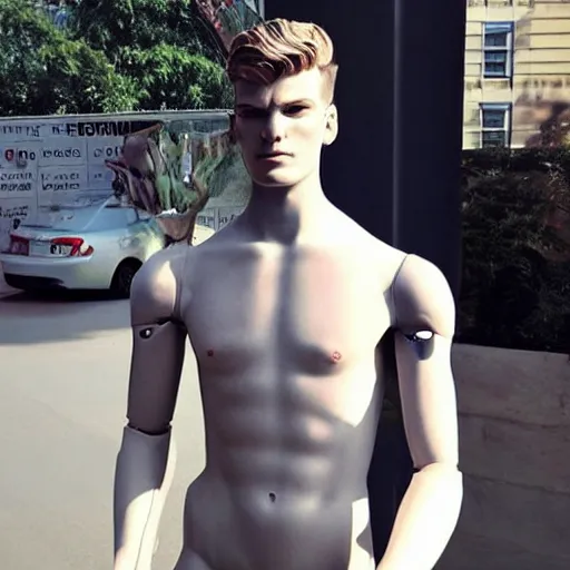 Image similar to “a realistic detailed photo of a guy who is an attractive humanoid who is half robot and half humanoid, who is a male android, Max Verstappen, shiny skin, posing like a statue, blank stare”