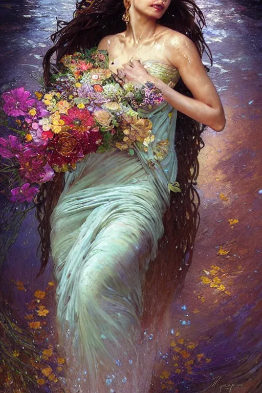 Image similar to portrait of a beautiful woman wearing a sari dress, holding a bouquet of flowing flowers, drenched body, wet dripping hair, emerging from the water, fantasy, regal, fractal crystal, fractal gems, by ross tran stanley artgerm lau, greg rutkowski, thomas kindkade, alphonse mucha, loish, norman rockwell