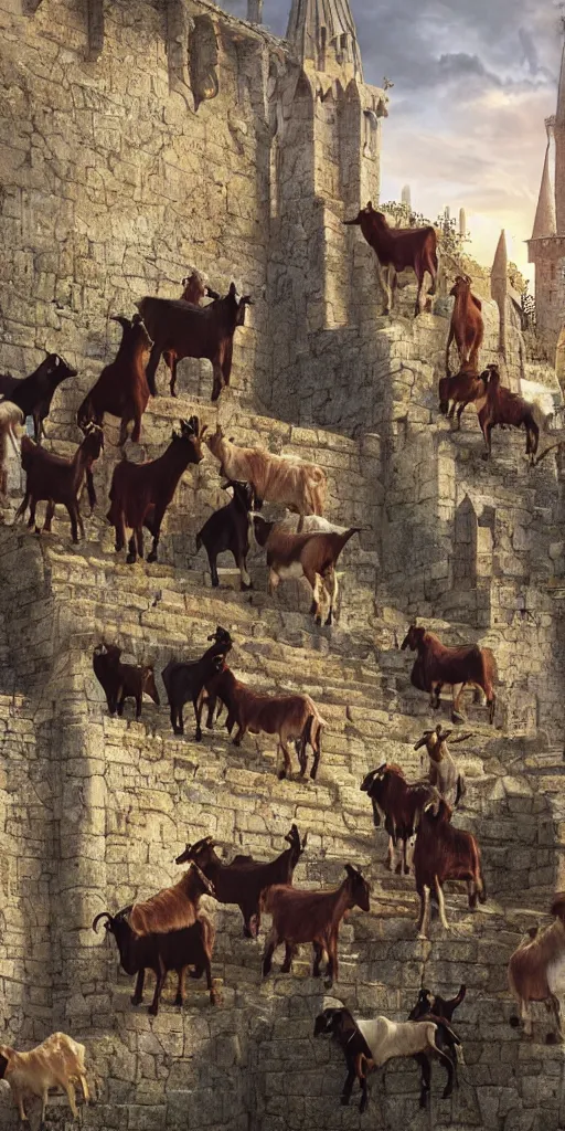 Image similar to a herd of goats! on stairs in a beautiful fantasy castle, medieval citadel, medieval cathedral, many goats, magic, tall towers, gorgeous clouds, colorful, sunrays, digital painting, landscape, octane render, unreal engine, high detail, very realistic, by greg rutkowski. by james gurney