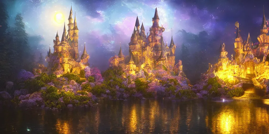 Image similar to a glittering fairy castle at night, extremely detailed oil painting, unreal 5 render, fantasy digital art, octane render, beautiful composition, trending on artstation, award-winning photograph, masterpiece