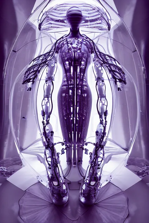 Image similar to background space station, baroque inflateble dress iris van herpen positing on floor, perfect symmetrical, full body shot, white helmet on face, inflateble shapes, wires, tubes, veins, jellyfish, white biomechanical details, wearing epic bionic implants, masterpiece, intricate, biopunk, vogue, highly detailed, artstation, concept art