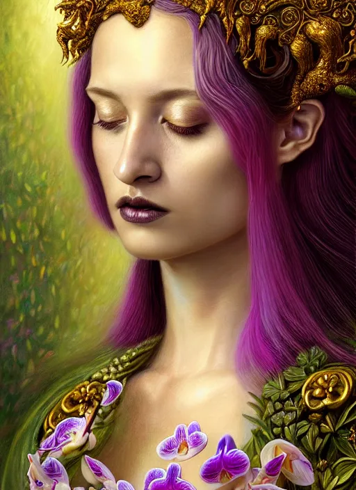 Image similar to portrait of the young goddess of iridescent orchids, unusually unique beauty, flowers and plants and vegetables, emotionally evoking symbolic metaphors, head in focus, fantasy, heavily gothic ornamental, intricate, elegant, sensual, highly detailed digital painting, artstation, concept art, painterly, golden ratio, sharp focus, illustration, art by greg rutkowski and alphonse mucha,