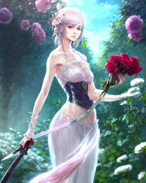 Image similar to an elegant lady surrounded by holographic swords in a garden full of roses, final fantasy, cushart krenz, cushart krenz, goddess, unreal engine, very detailed, realistic face, detailed face, matte, tonemapping, perfection, 4 k