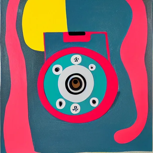 Prompt: a painting of a rotary dial phone, abstract painting in the style of Sophie Taeuber-Arp and Gary Hume and Tatsuro Kiuchi, flat colour-block style, geometric abstraction