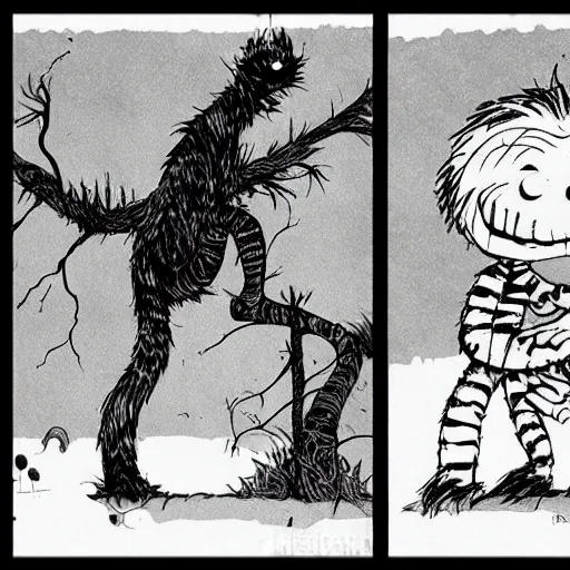 Image similar to calvin and hobbes in the style of stephen gammell