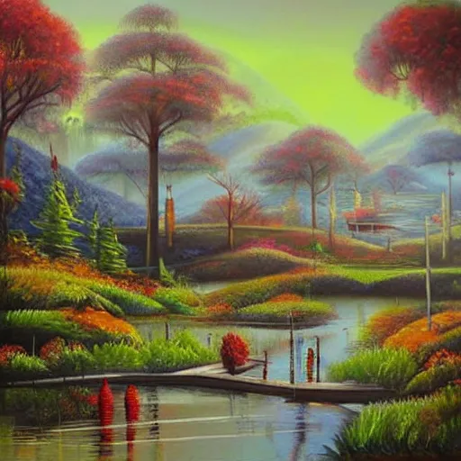 Image similar to Beautiful city of the far future in harmony with nature. Nice colour scheme, soft warm colour. Beautiful painting by Lurid. (2022)