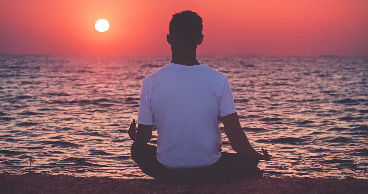 Image similar to wide range photo silhouette of a man meditating, at a beautiful sunset, highly detailed, colorful,