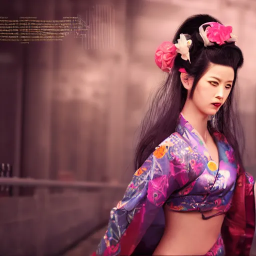 Image similar to !dream cyberpunk geisha, full body, cinematic lighting, beautiful face, ultra detail, ultra realistic, photo realistic, octane render,