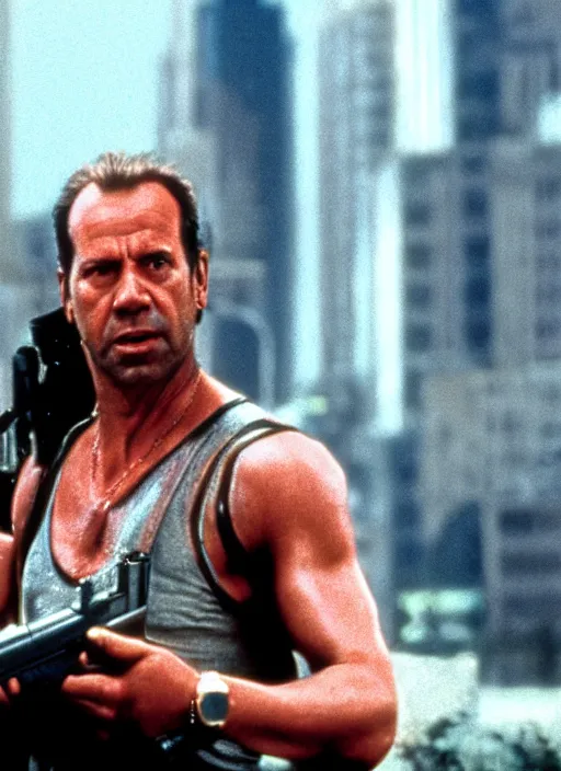 Image similar to film still of Sofia Verga as John McClane in Die Hard, 4k