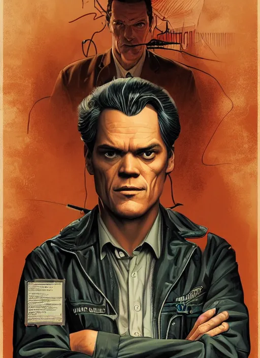 Image similar to poster artwork by Michael Whelan and Tomer Hanuka, Karol Bak of portrait of Michael Shannon the local mechanic clerk at the auto store, from Twin Peaks, clean, simple illustration, nostalgic, domestic, full of details