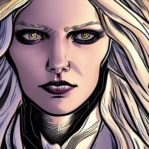 Image similar to abbey lee kershaw as emma frost, symmetrical facial features, 8 k intricate detail, golden ratio, art by laurie greasley and pepe larraz, radiosity rendering,