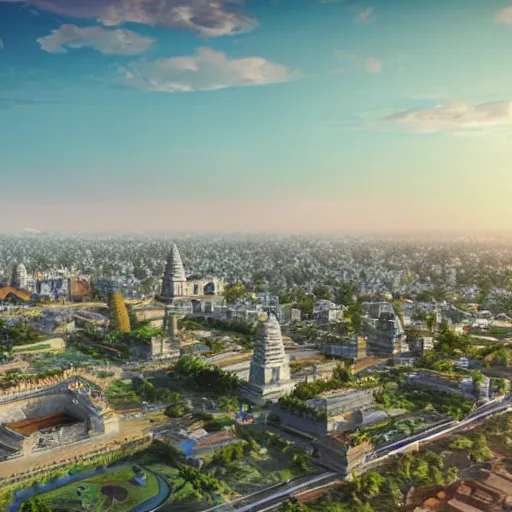 Image similar to hyper realistic 3 d rendering of the city of jogja via google earth rendered with the unreal engine, the image is refined with uhd, yellow light, blue sky, and aerial landscapes, and also the beauty is like the real world